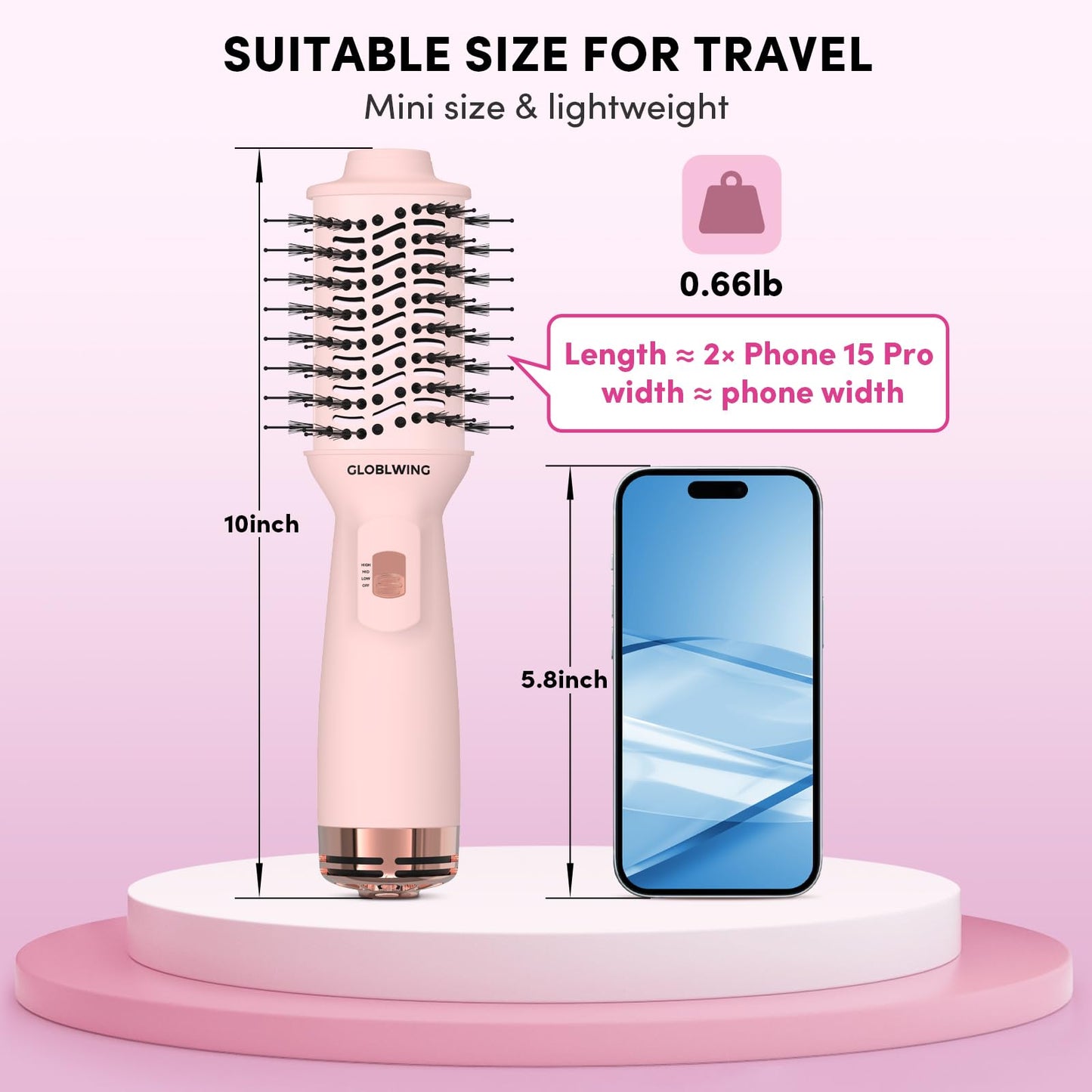 Automatic Dual Voltage Travel Hair Dryer Brush Compact Mini Hot Air Brush with European Plug One Step Blow Dryer and Styler for Women, Oval Barrel 3 Heat & 2 Speed Settings