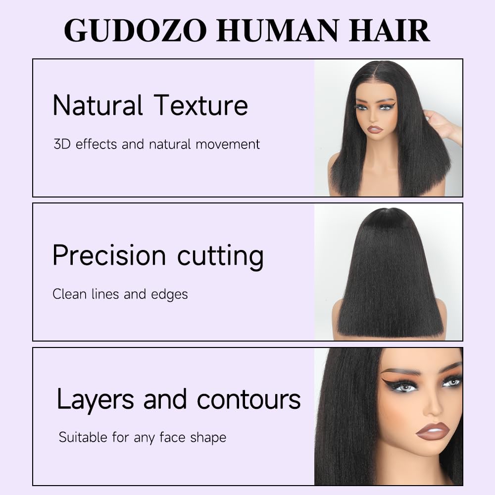 GUDOZO Bob Wig Human Hair Glueless Wigs Human Hair Pre Plucked Pre Cut Yaki Straight Human Hair Wig 180% Density 9x6 HD Lace Front Wigs for Black Women 14Inch