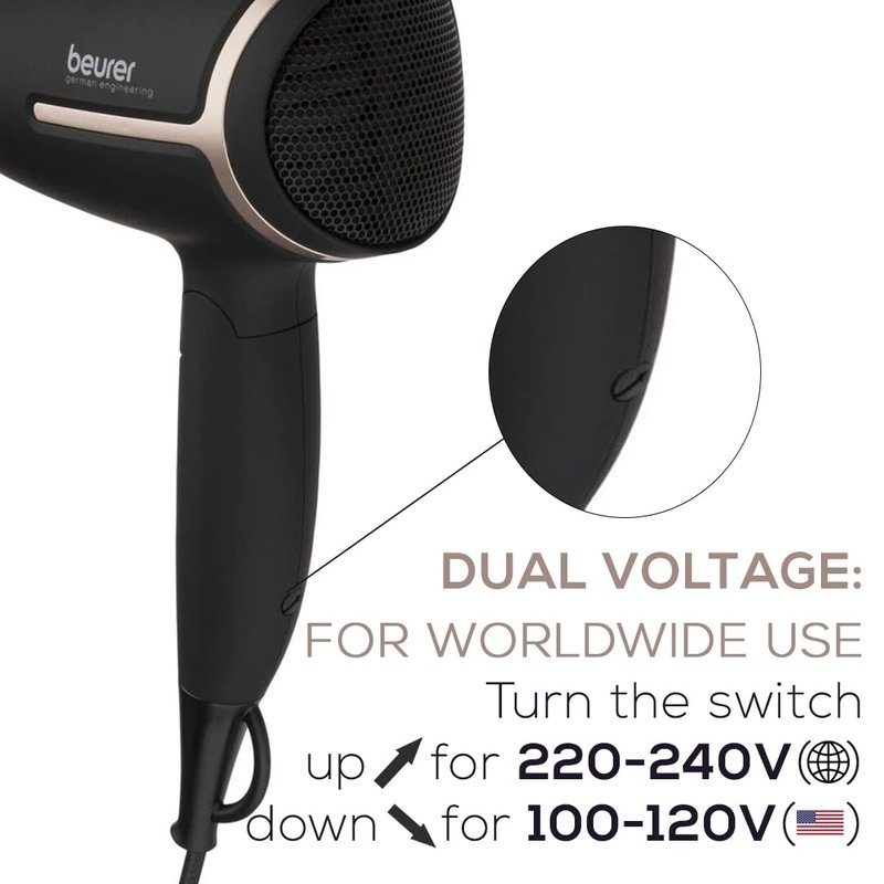 Beurer HC25 Ionic Hair Dryer for Travel with Voltage Switch 1600W Anti Frizz Blow Dryer, Foldable Handle, Lightweight Styler, Nozzle Attachment, Black and Rose Gold
