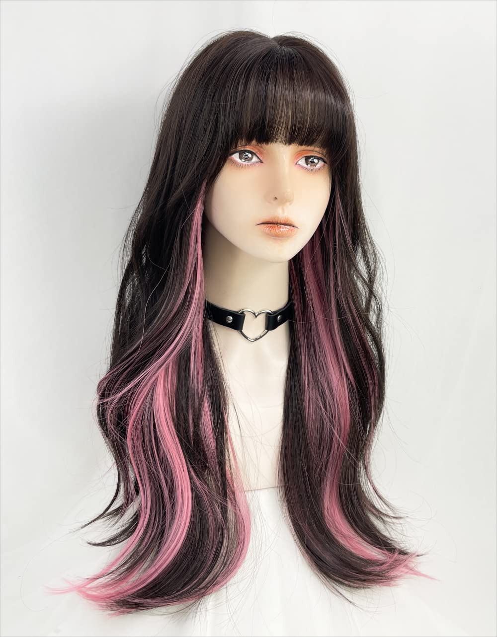 WKLOUYHE Long Wavy Wig for Women Synthetic Curly Wig with Bangs Fibre Cosplay Wig for Girls Daily Use Colorful Wigs (Black+Brown+Pink)