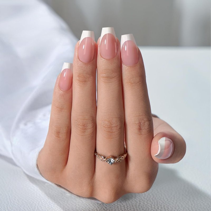 French Tip Press-On Nails - Short Coffin Nail Tips with Gel & Lamp | All-in-One Soft Gel Extension Kit