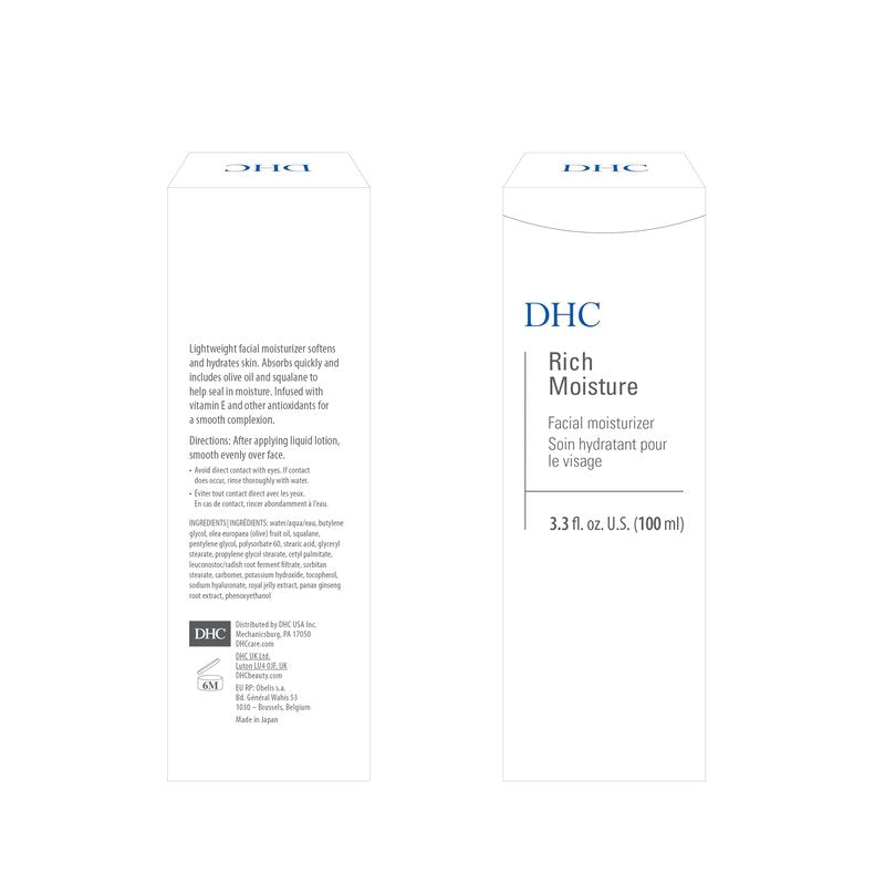 DHC Rich Moisture, Lightweight Facial Moisturizer, Dry Skin, Hydrating, Fragrance and Colorant Free, Ideal for Dry Dehydrated or Sensitive skin, 3.3 fl. oz.