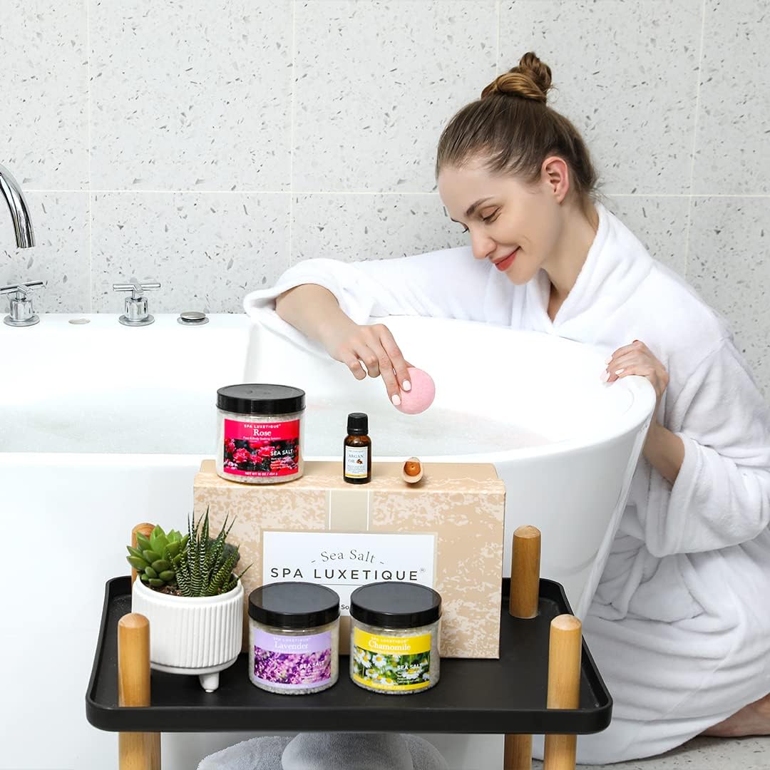 Spa Luxetique Bath Salts Gift Set - 8pcs Epsom Salt Soaking Set with Argan Oil, Lavender & Rose Scents | Perfect for Mother's Day & Christmas Gifts