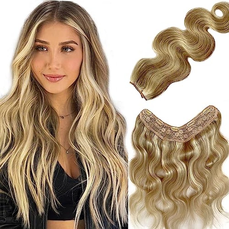 Invisible Hair Extensions Clip In Real Human Hair Balayage Chestnut Blonde to Platinum Blonde Highlight Hair Extension 16Inch 80G One Piece Clip in Remy Hair Body wave Double Weft V Shape Clip on Hair