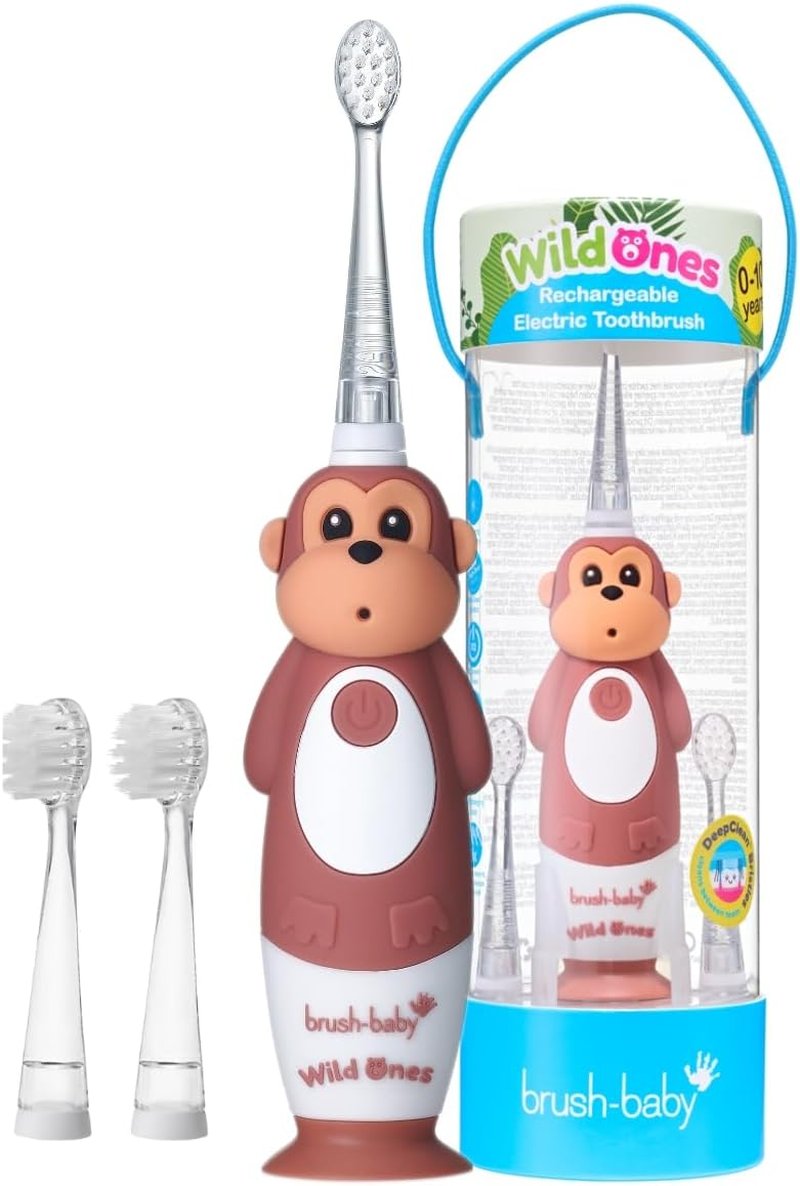 BrushBaby Kids Electric Toothbrush - Rechargeable Monkey Design with Flashing Lights | Deep Clean Bristles, Ages 0-10, 2 Heads