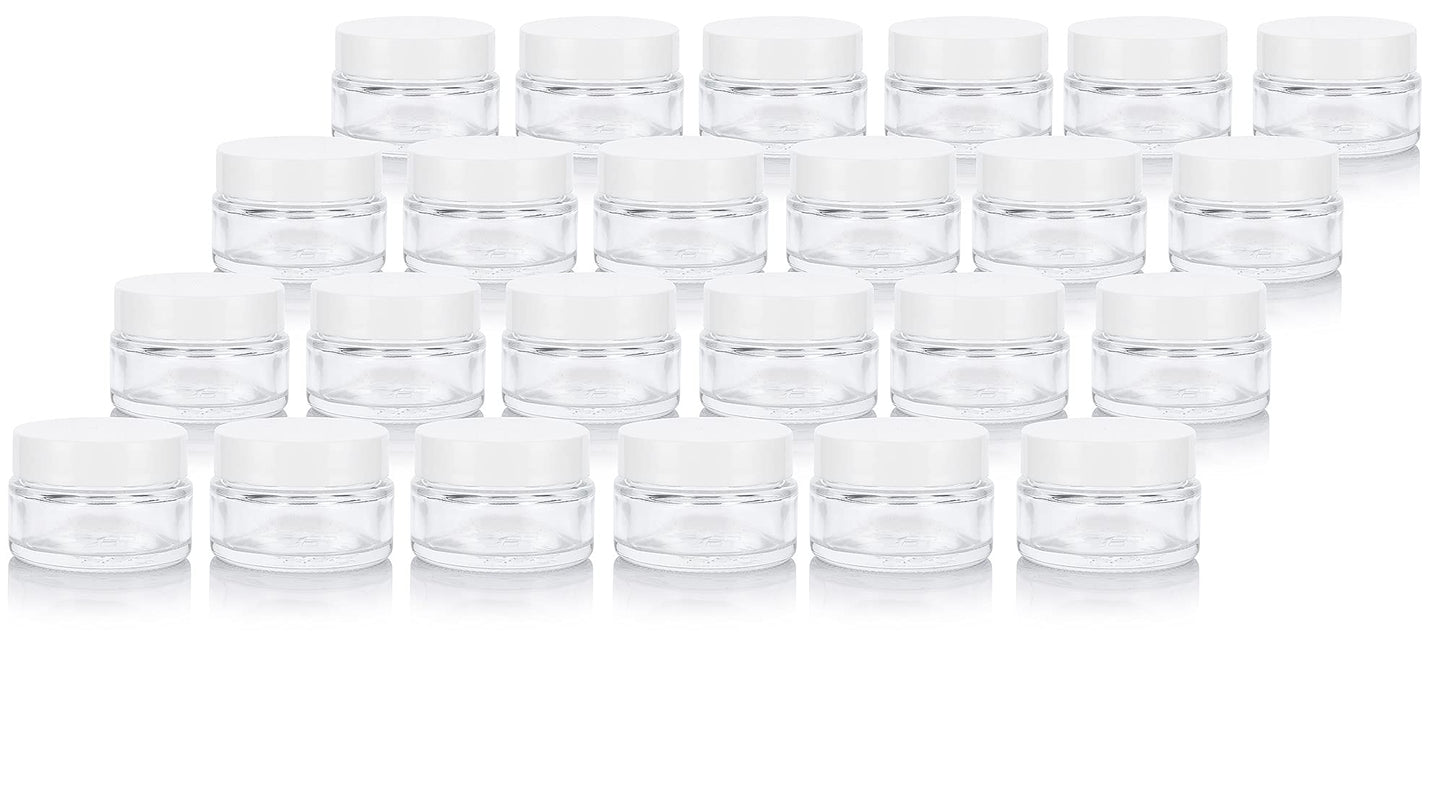 Clear Glass 0.50 oz / 15 ml Low Profile Thick Wall Balm Empty Jars (24 pack, White Smooth Foam Lined Lids)