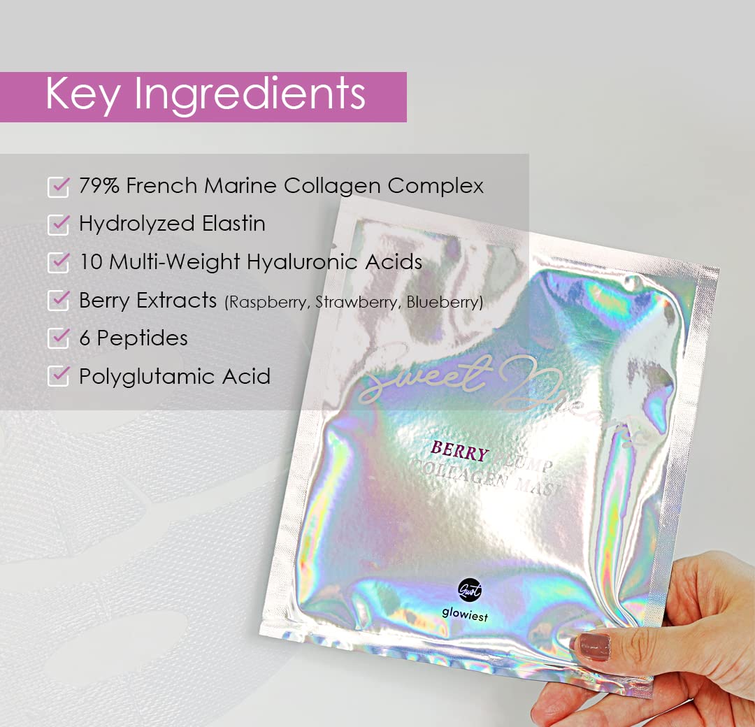 glowiest Sweet Dreams Berry Plump Collagen Mask Set of 3, Lifting & Hydrating Face Collagen Jelly Mask, 79% Collagen, Elastin, Hyaluronic Acids, Polyglutamic Acid, Peptides, Korean Skincare