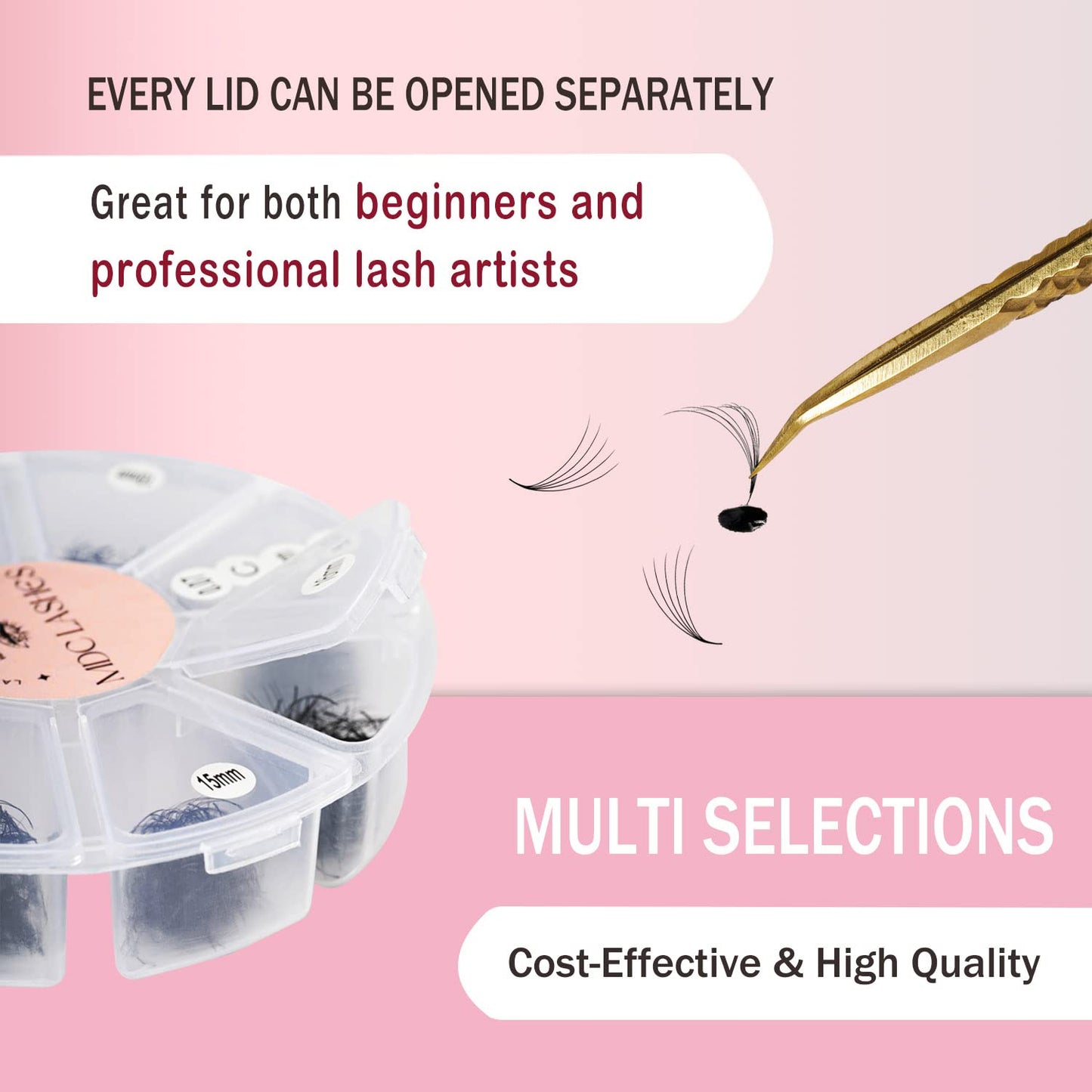 MDC Lashes Promade Eyelash Fans Mix Length 1000 Volume Lash Extensions 8D-16D, C D Curl, 9-16mm Length, 0.05-0.07 Short Stem Promade Premade Pre Pro Loose Fans Eyelash Extension, Easy Application