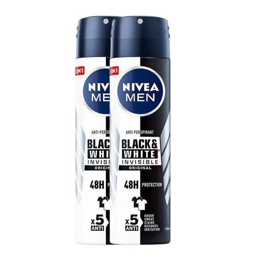 NIVEA Men Invisible for Black & White Original Deodorant Spray 150ml | No White Marks or Yellow Stains | Fresh Scent | Quick-Dry, 2 Packs