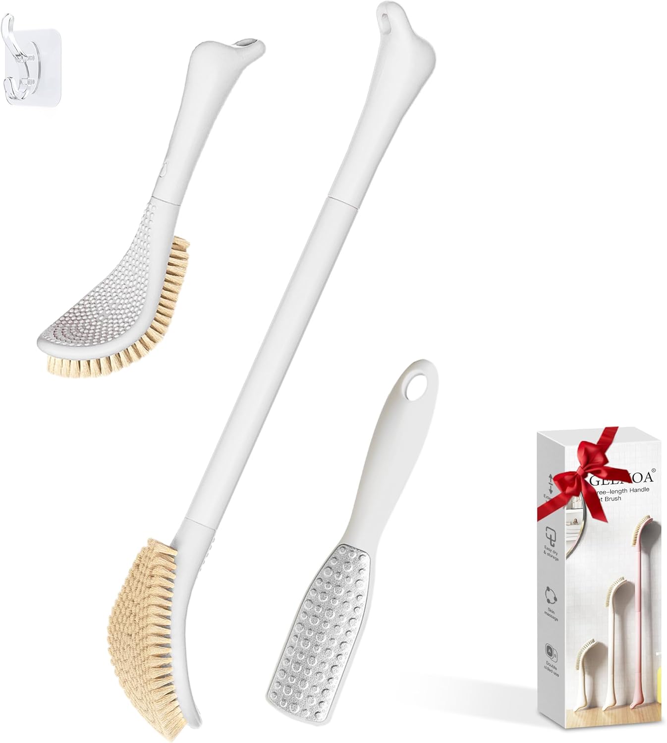 Foot Brush & Foot File Set - 3-in-1 Foot Scrubber with Adjustable Long Handle | Gift Boxed (White)
