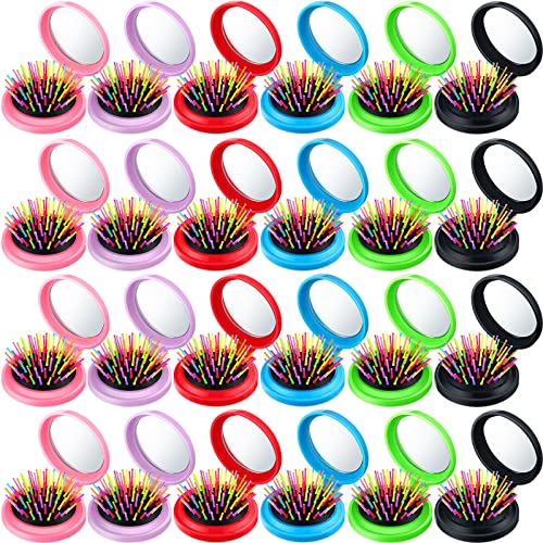 Hoolerry 24 Pcs Folding Travel Hair Brush with Mirror Round Folding Mini Hair Brush Compact Bulk Portable Small Brush Hair Combs for Women Girls Men Makeup Operation Christmas, 6 Colors