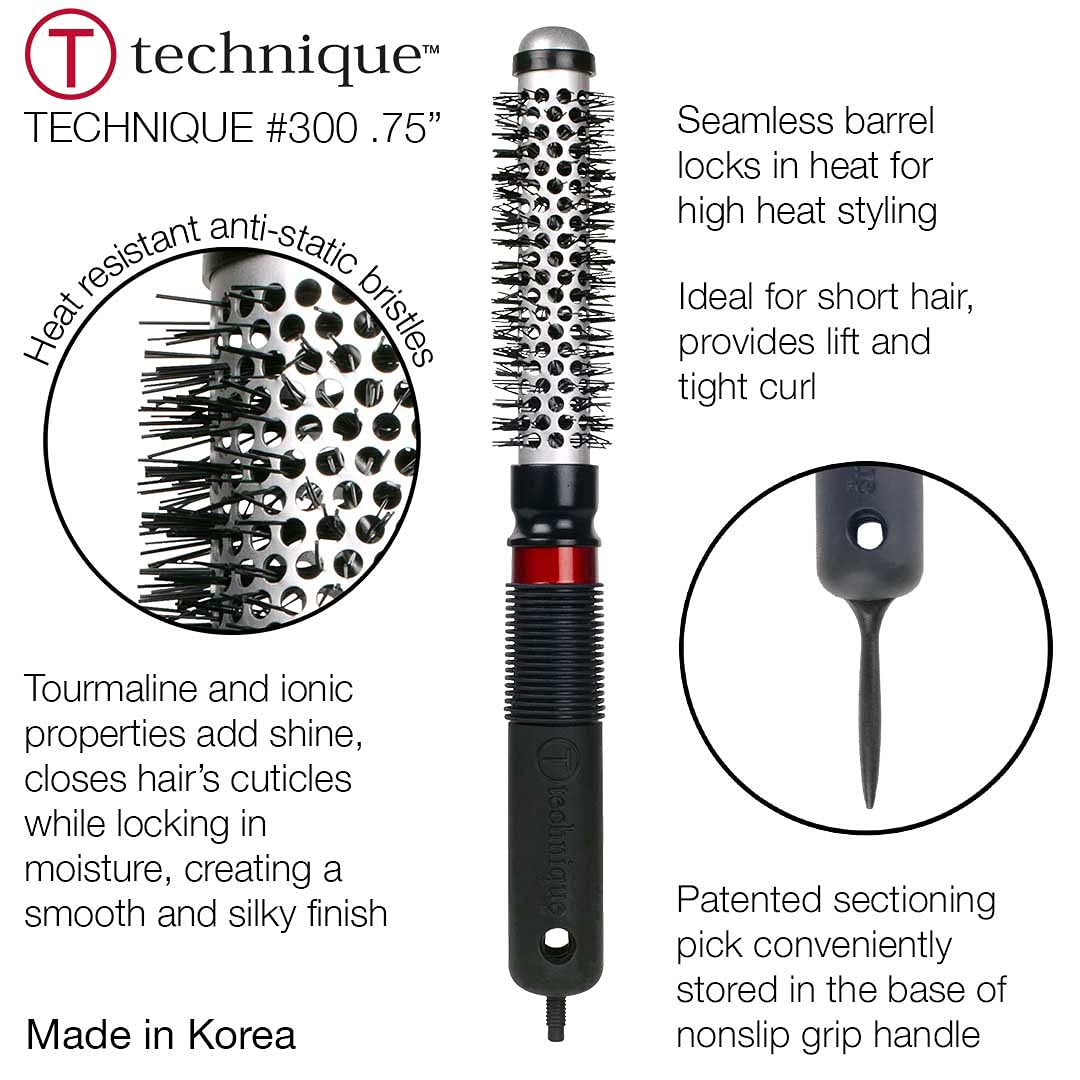 Cricket Technique Thermal Hair Brush #300 0.75” for Blow-Drying, Curling, and Styling – Heat-Retaining Barrel with Anti-Static Tourmaline Bristles, Round Thermal Brush, Not Electric, All Hair Types