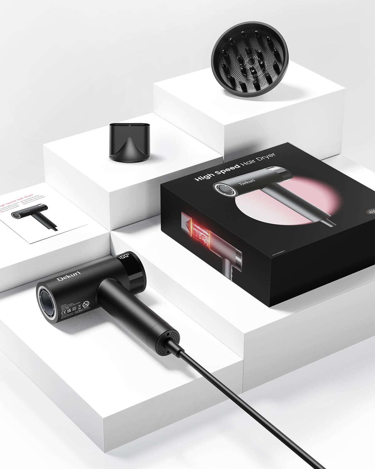 Dekuri Hair Dryer, 110,000 RPM High-Speed Fast Drying Blow Dryer, 200 Million Ionic Lightweight Hairdryer with Diffuser, Magnetic Nozzle, 4 Temps & 2 Speeds, Low Noise for Women & Men, Black