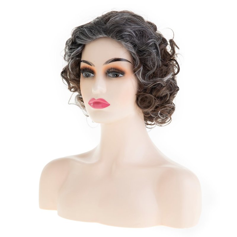 Short Brown Curly Wig for Women - Synthetic Mixed Grey Big Curly Bob | Cosplay Hair with Wig Cap