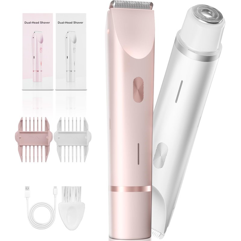 2-in-1 Bikini Trimmer for Women – Dual Head Electric Shaver for Pubic, Facial & Body Hair, IP67 Waterproof Razor with Stainless Steel Blades & Rechargeable Battery (Petal Pink + Pearl White)