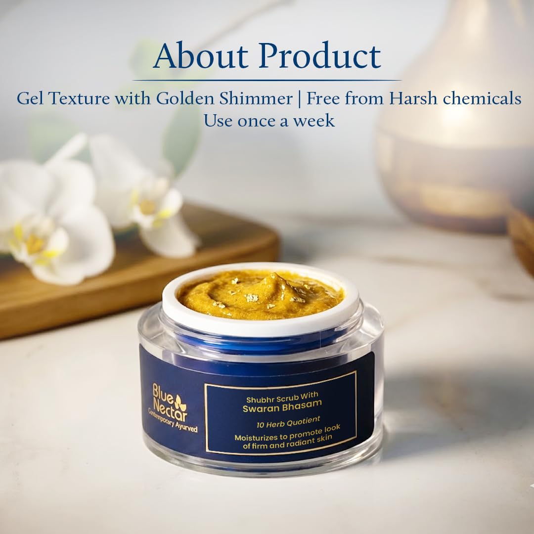 Blue Nectar Gold Face Scrub for Glowing Skin | Cleanser & Exfoliating Scrub with Aloe Vera, Walnut & Kumkumadi for Men & Women | Ayurvedic Tan Removal (12 Herbs, 1.7 Oz)