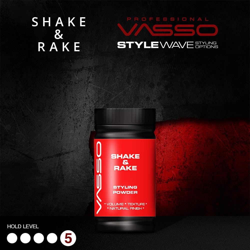 Vasso Shake & Rake Styling Powder for Men, Matte Finish Hair Volumizing Powder, Lightweight Texture Powder for Strong Hold & Natural Look, Barber Style Hair Powder
