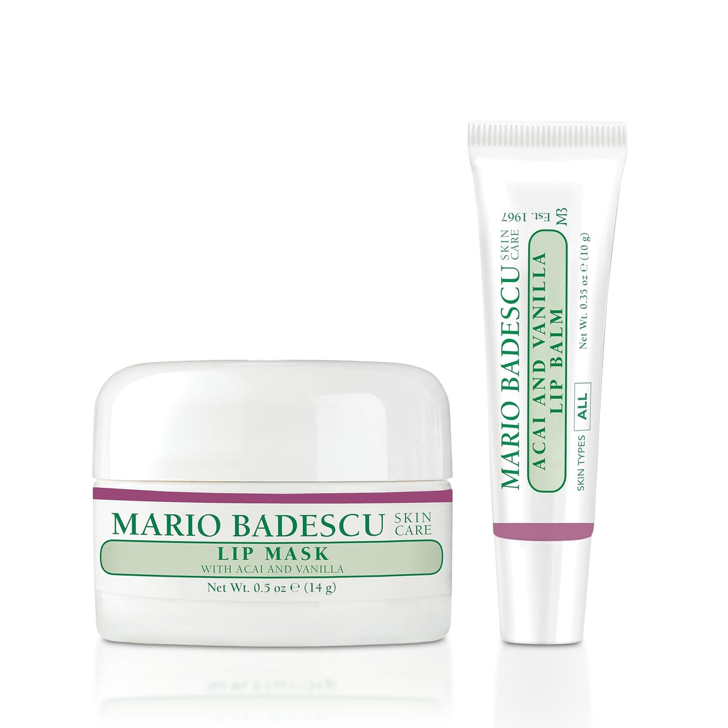 Mario Badescu Acai & Vanilla Lip Care Set | Lip Mask for Overnight Hydration with Coconut Oil & Shea Butter + Moisturizing Lip Balm for Dry Lips | 0.5 Oz & 0.35 Oz