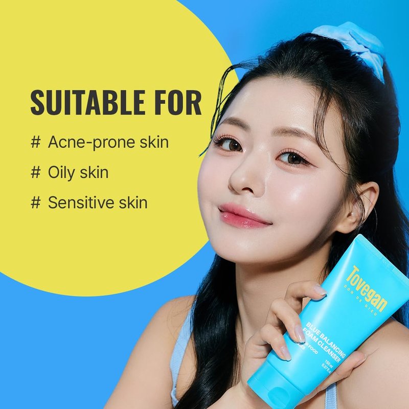 TOVEGAN Blue Balancing Foam Cleanser | Acne-Relief Face Wash | Soft Dense Microbubble Foam | Blue Food Complex | Gentle Daily Cleanser 5.07 fl oz
