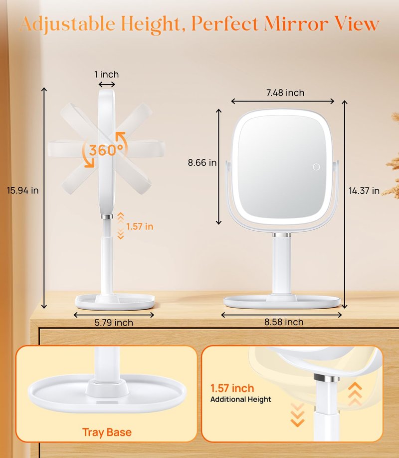 Lighted Makeup Mirror with 1X/10X Magnification - Adjustable Height, 4000mAh Battery, 3 Color Lights | White
