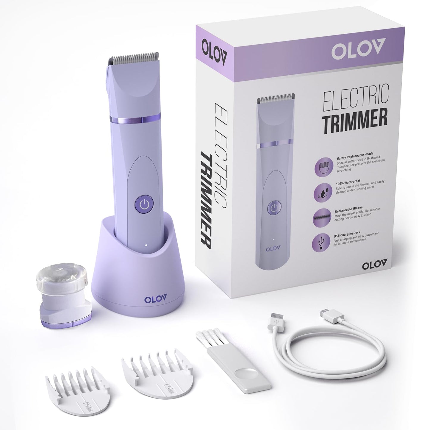 OLOV Electric Body Hair Trimmer - Groin Trimmer for Men - Bikini Trimmer Women - Wet/Dry Shaver Groomer, Replaceable Ceramic Blade Heads, Waterproof Hygiene Razor, Purple