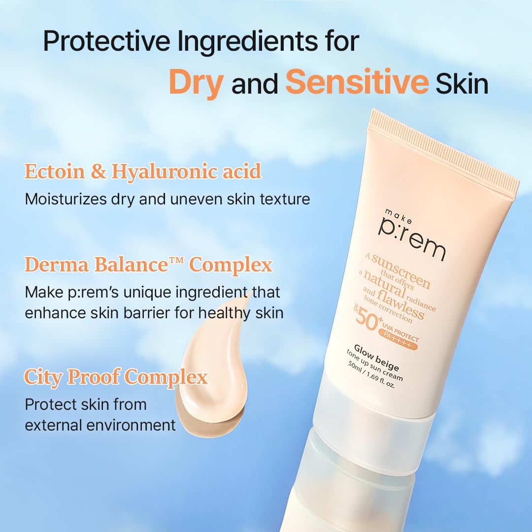 MAKE P:REM Glow Beige Tone Up Sunscreen, Foundation-Free Mineral Sun Care, Skin Tone Correction, Lightweight, Korean Sunscreen, Korean Skin Care, SPF 50, 1.69 fl.oz. (50ml)
