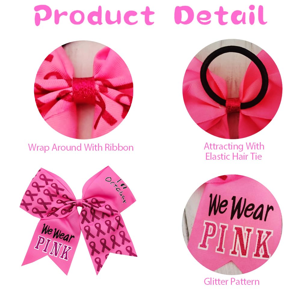 16 Pieces 7 Inch Breast Cancer Awareness Cheer Hair Bows Ponytail Holder Large Glitter Pink Ribbon Hair Bows Accessories Elastic Band Handmade for Teens Women
