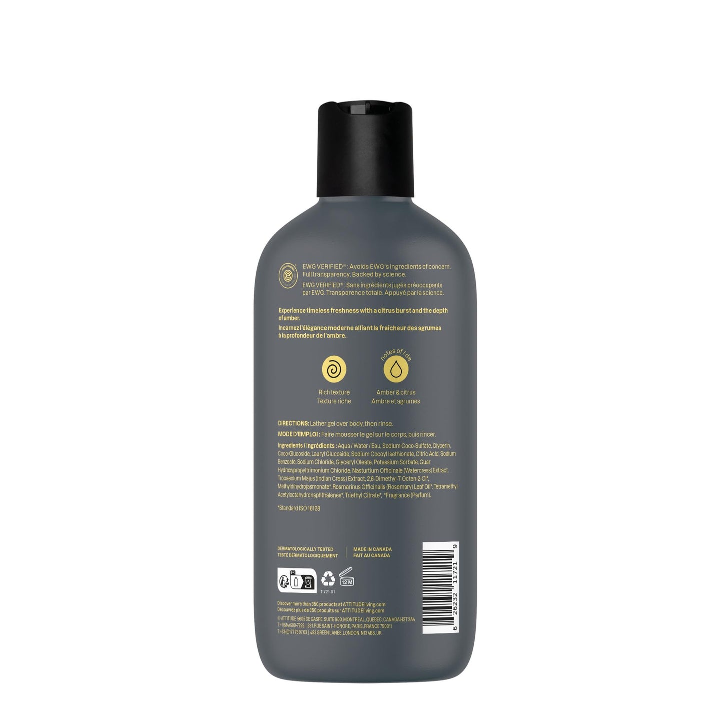 ATTITUDE Shower Gel Body Wash for Men, 98% Natural Origin Ingredients, Paraben & Phthalate Free, EWG Verified, Cleanses Without Drying