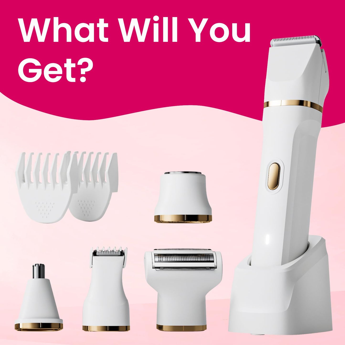 Electric Razors for Women, Valentines Day Gifts 5-in-1 Wet/Dry Bikini Trimmer with USB Charge Dock, Deluxe Facial Hair Removal, Wet/Dry Body Shaver for Nose Eyebrows Beard Underarm Leg Arm (White)