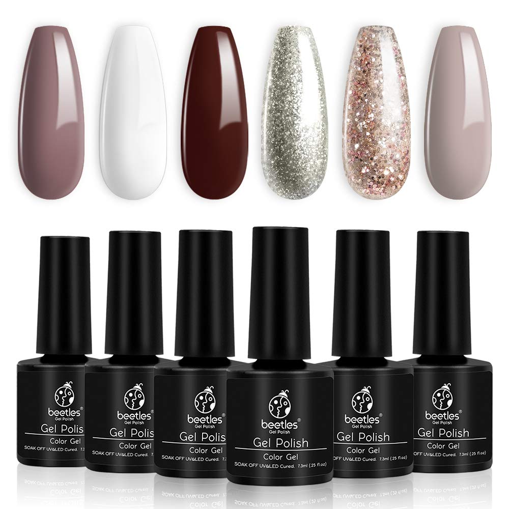 Beetles Holiday Gel Nail Polish Set - 6 Colors Burgundy Red Brown,Nail Tips and Glue Gel Nail Kit, 2 In 1 Nail Gel and Base Gel with 500Pcs Coffin Nails and Innovative UV LED Lamp