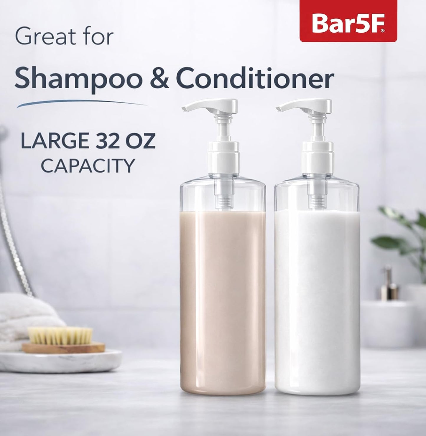 Bar5F Pump Bottle - 32-Ounce BPA-Free Clear Containers for Shampoo, Conditioner & Lotion | 2-Pack