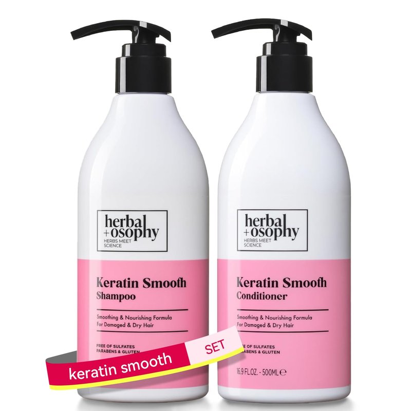 Herbalosophy Keratin Shampoo & Conditioner Set, Nourishing & Moisturizing Formula for Damaged & Dry Hair, Highly Hydrate & Repair for Color Treated Hair, Sulfate,Parabens & Gluten Free, 2 x 16.9 Fl Oz
