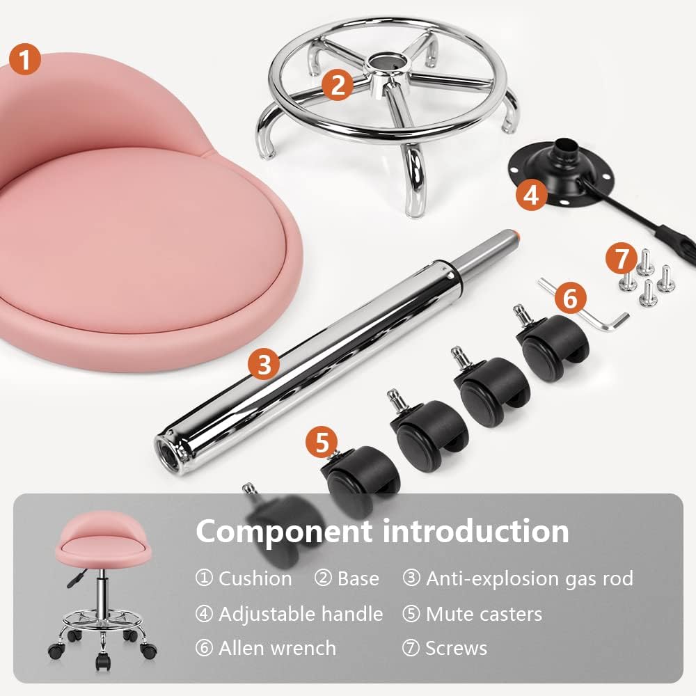 PU Leather Round Rolling Stool - Height Adjustable Swivel Drafting Chair with Foot Rest | Pink