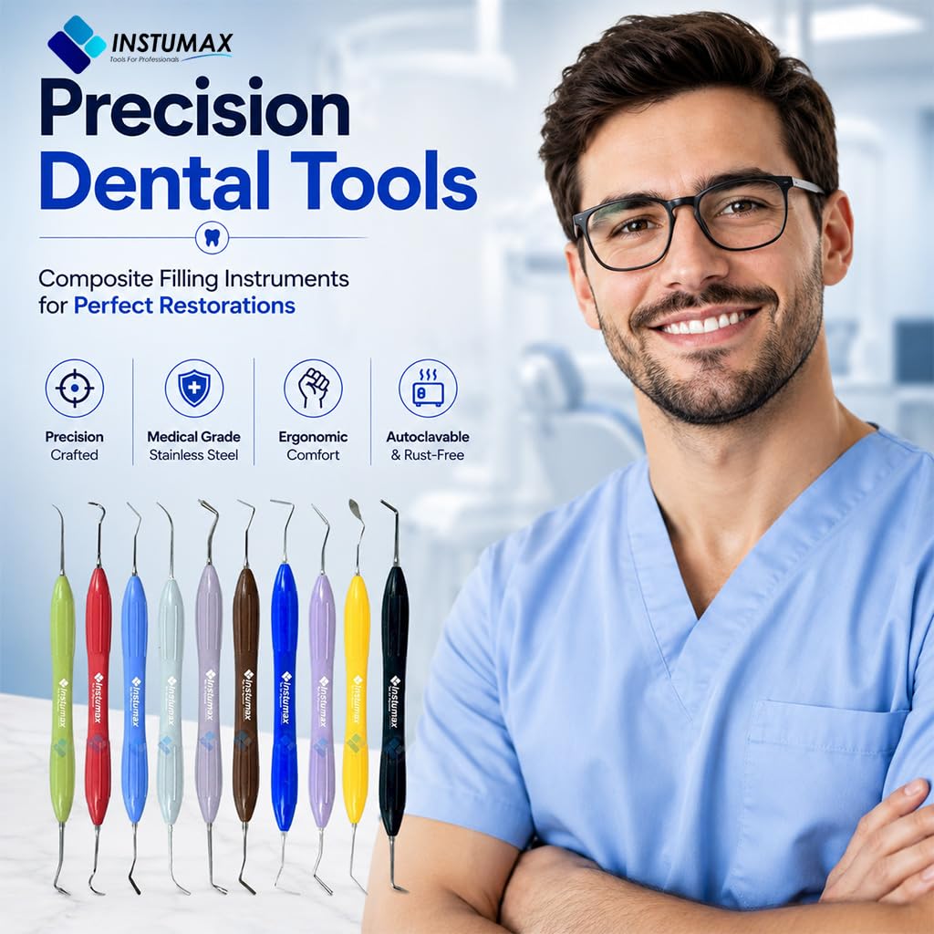 Set of 10 Dental Composite Placement Filling Instruments – Silicone Handle Restoration Plugger/Spatula – Resin Application & Tooth Restoration Kit