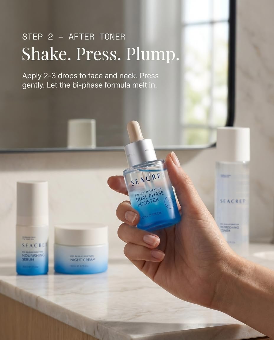 SEACRET Dual-Phase Hydration and Glow Booster, Shake-to-Activate Dead Sea Face Oil and Water Serum with FERMENT 21, Niacinamide, Jojoba and Argan for Dry Dehydrated Skin, 1 Fl Oz / 30 ml