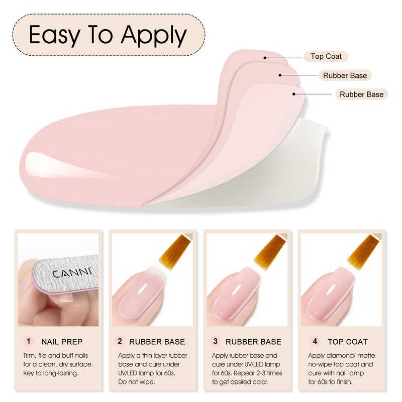 CANNI Rubber Base Gel Set - 6 Colors Milky White Clear Pink Nude Builder Nail Gel for Nail Strengthening, Soak Off UV LED for Natural Nails, DIY Manicure Salon Use Women & Girls