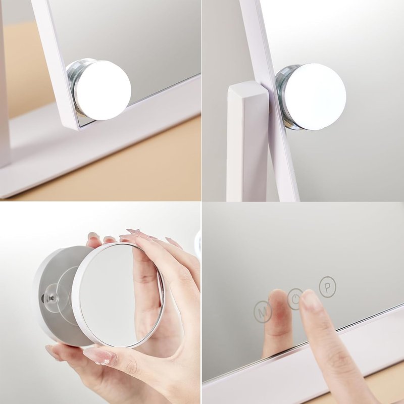 Hollywood Vanity Mirror - 12 Dimmable Bulbs, 3 Color Modes, 5X Magnification | Smart Touch Control, 360° Rotation (White)