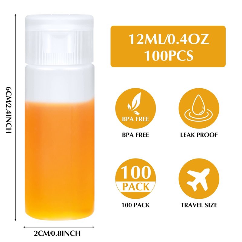 100 Pcs 12ml 0.4oz mini Plastic Sample Bottle Flip Cap Empty Travel Bottles Small Squeeze Sample Containers Leakproof Refillable for Makeup Cosmetic Toiletry Foundation