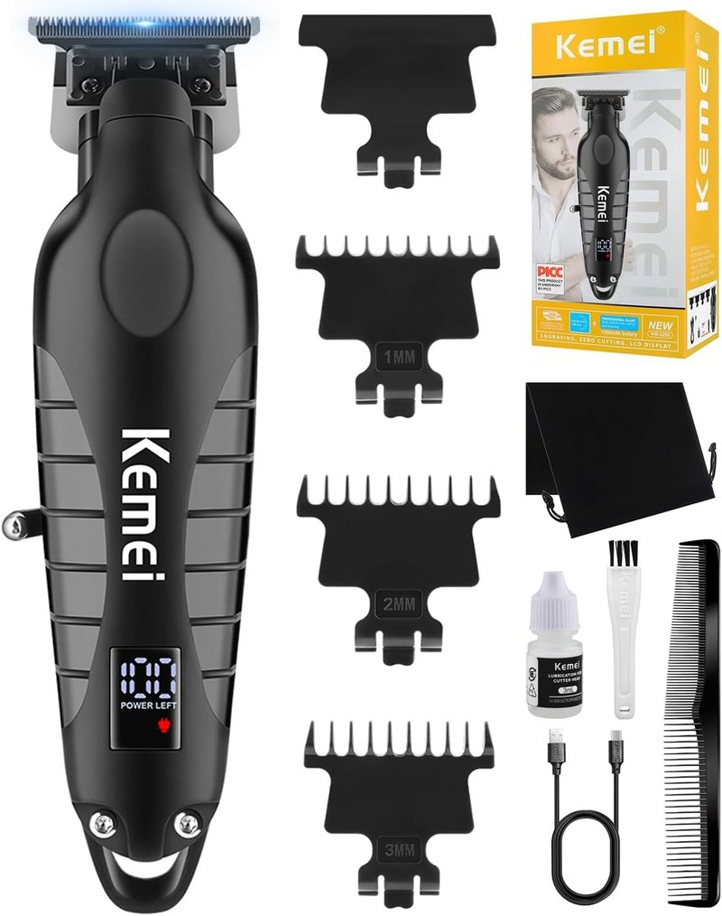 KEMEI Professional Cordless Hair Clipper - Electric Beard Trimmer with LCD Display | Zero Gapped T Blade, Black