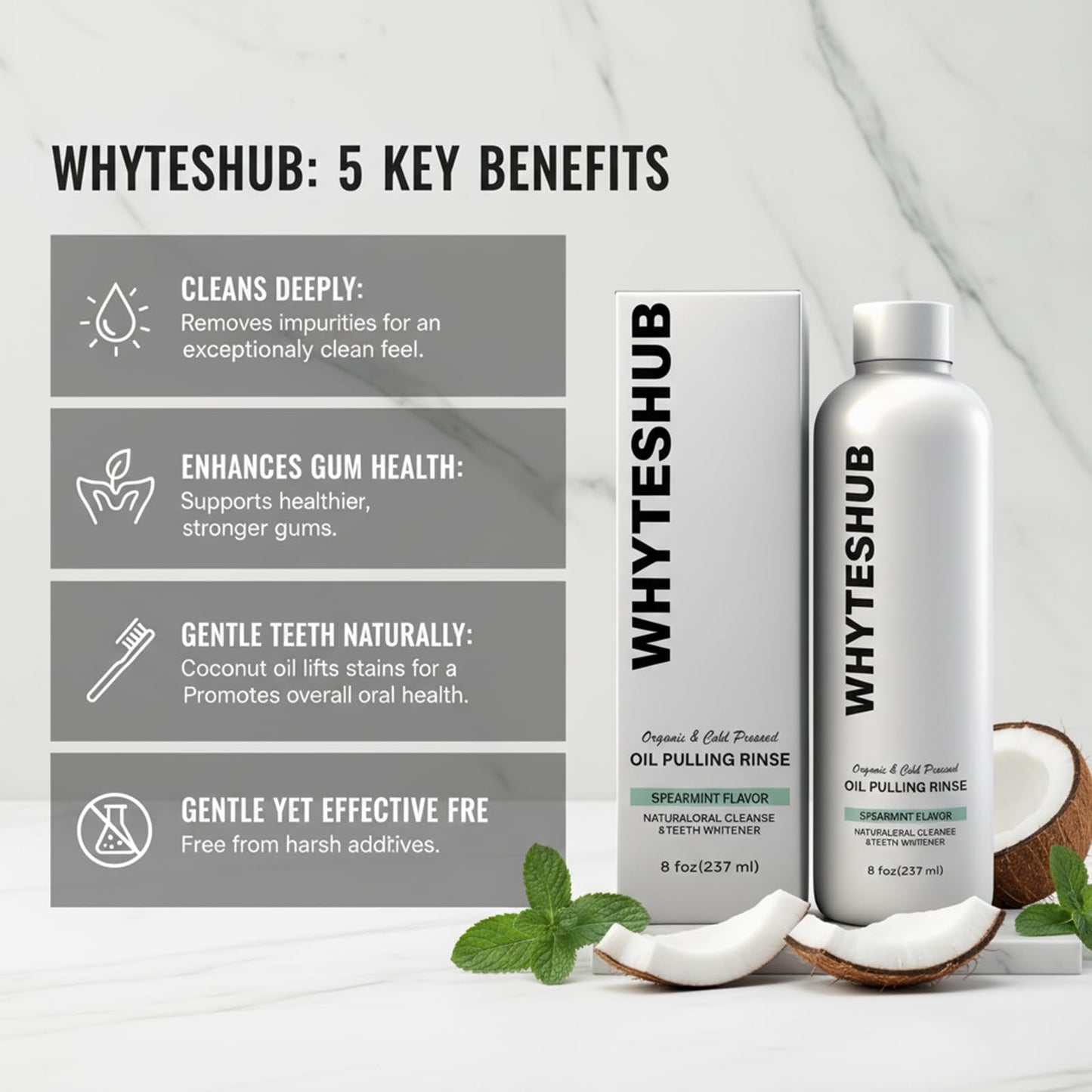 White Spearmint Oil Pulling Rinse, Cold-Pressed Coconut Mouthwash for Teeth Whitening, Powerful Organic Peppermint Oil Maintain Gum Health & Freshness Breath