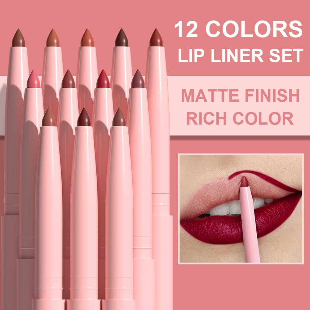 KIMIEYE 12 Colors Retractable Lip Liner Kit for Define & Sculpting Lips Shades, Long Lasting Waterproof High Pigment Matte Finish Creamy Texture Lip Liner Pencil Set for Women