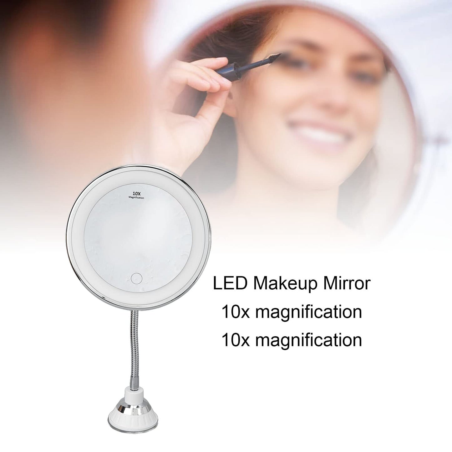 Zetiling 10x Magnification LED Makeup Mirror, Wall Mount, Round, 17.3"L x 6.9"W, Black Frame, Modern Style, Adjustable Brightness, Three Light Colors, Suction Cup Design