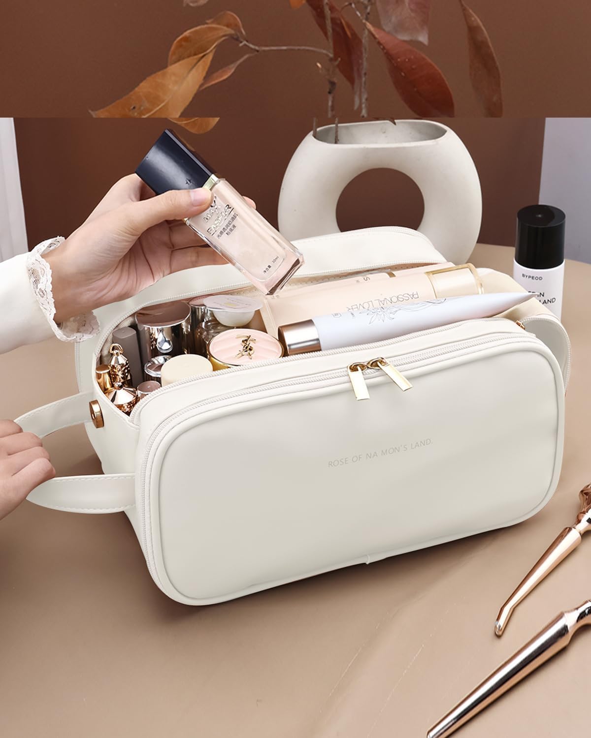 Travel Makeup Bag - Waterproof Cosmetic Organizer with Vertical Brush Holder | Portable Design for Women