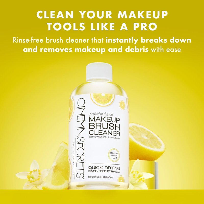 Cinema Secrets Original Makeup Brush Cleaner Kit - Professional Cleanser + Cleansing Tin for Makeup Brushes - Quick-Drying, Rinse-Free Formula - Removes Stubborn Waterproof Make Up - Lemon (8 fl oz)