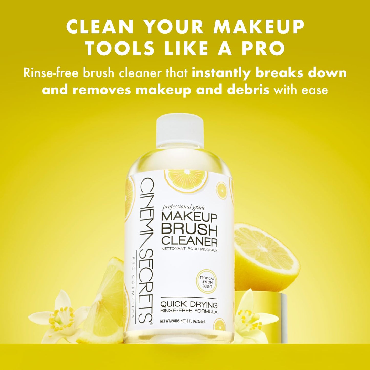 Cinema Secrets Original Makeup Brush Cleaner Solution - Professional Cleanser for Makeup Brushes - Quick-Drying, Rinse-Free Formula - Removes Stubborn Waterproof Make Up - Lemon (16 fl oz)
