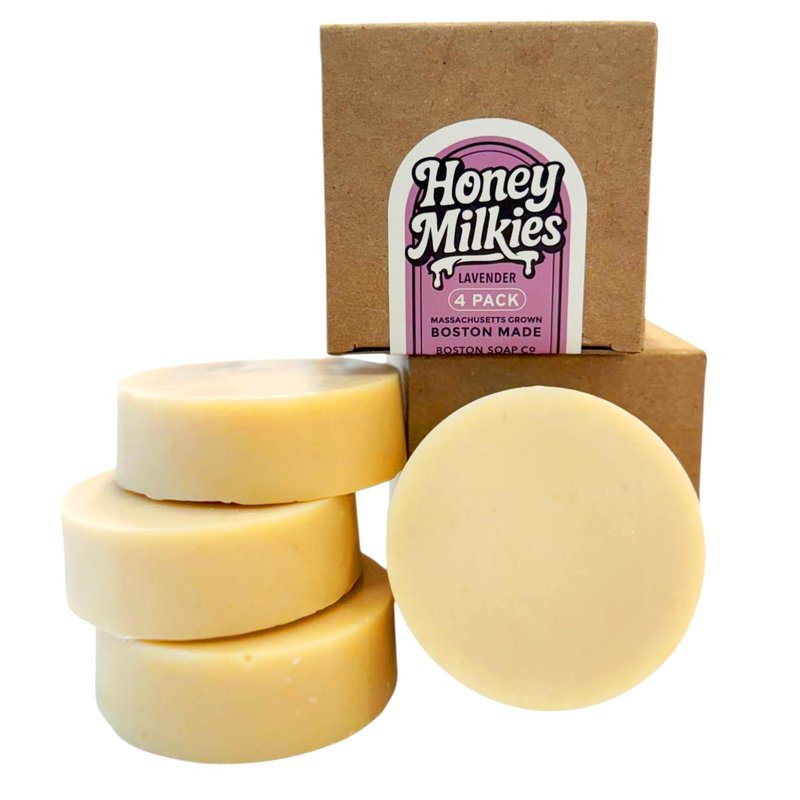Goat Milk Soap with Tallow – Honey Milkies Lavender 4-Pack (3.3oz Bars) – Cold Process, Handmade in Boston – Natural Face & Body Soap with Grass Fed Tallow, Lard, Raw Honey & Goat Milk