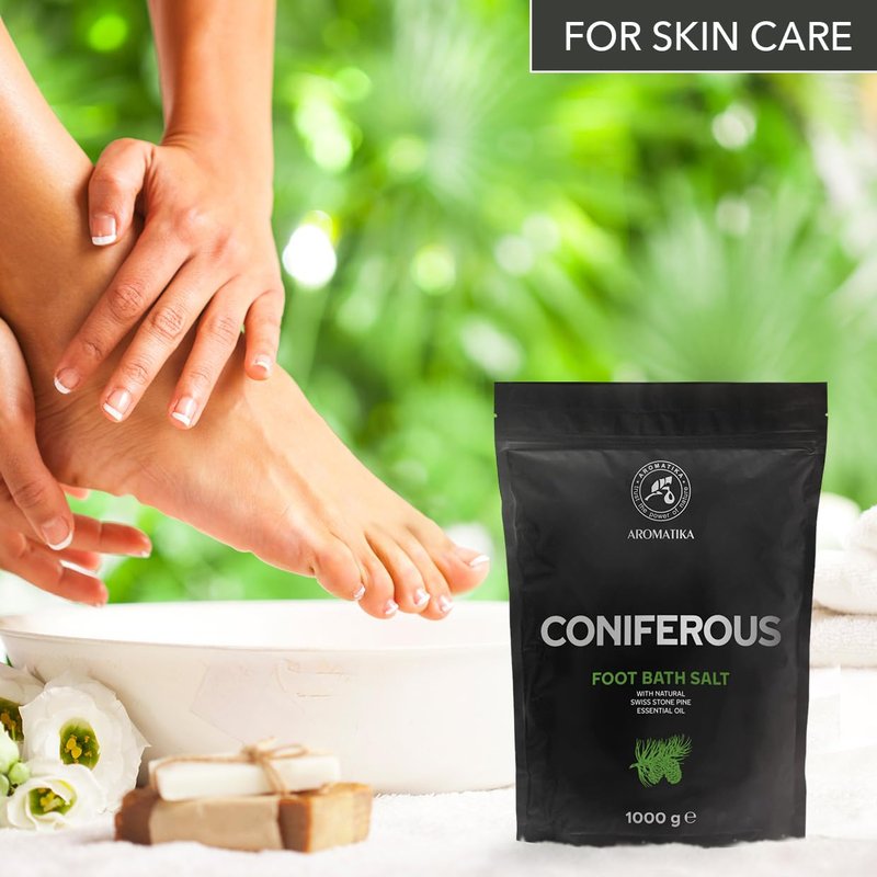 Foot Bath Salt Coniferous 35Oz - Pedicure Foot Bath Salt - Foot Bath Additive with Natural Sea Salt - Swiss Stone Pine Essential Oil - Foot Care for Tired Feet - Beauty - Relaxation - Aromatherapy