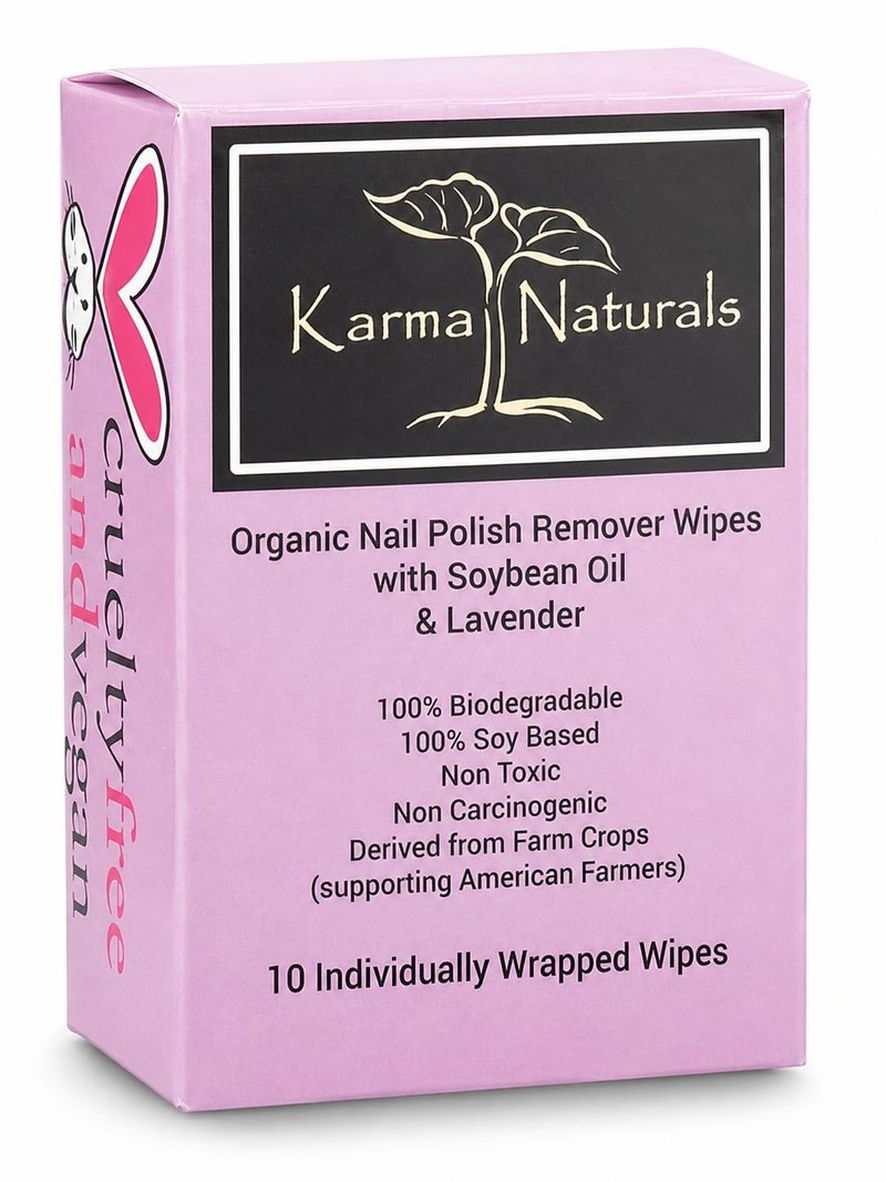 Nail Polish Remover Wipes with Soybean & Lavender Oil - 10 pcs Non-Toxic Nail Polish Remover Wipes - Soy Based Individually Wrapped Pads for Home & Professional Use by Karma Organic