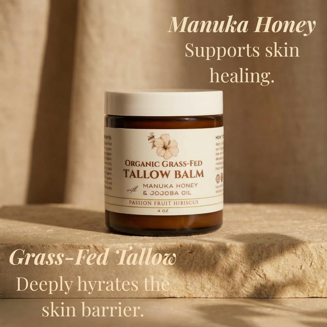 Eavara Beef Tallow for Face, Moisturizer with Manuka Honey & Pure Essential Oils, Organic Face & Body Balm, Natural Skincare with Jojoba, Sweet Almond, Tamanu & Baobab Oils, Made in USA, 4oz