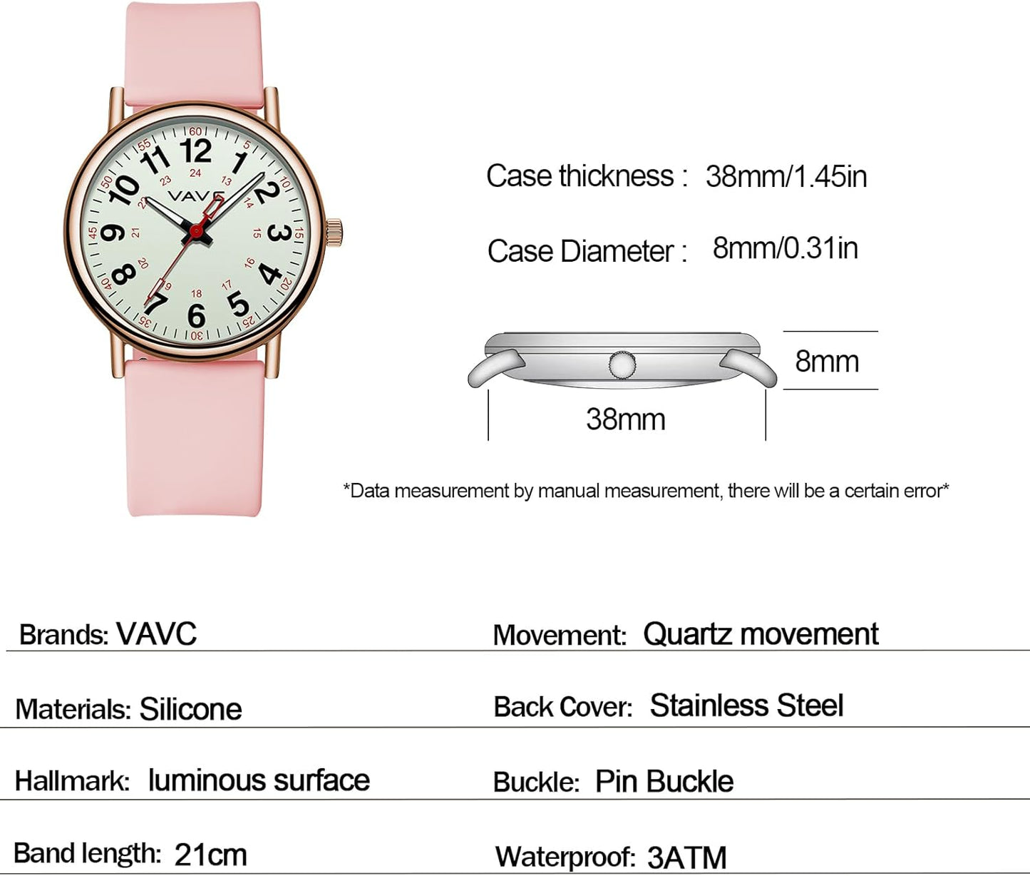 Waterproof Analog Nurse Watch for Nurses,Students,Medical Professionals,Women Men,with Luminouse Easy Read Dial,Military Time,Second Hand and 24 Hour,Comfortable Silicone Band.